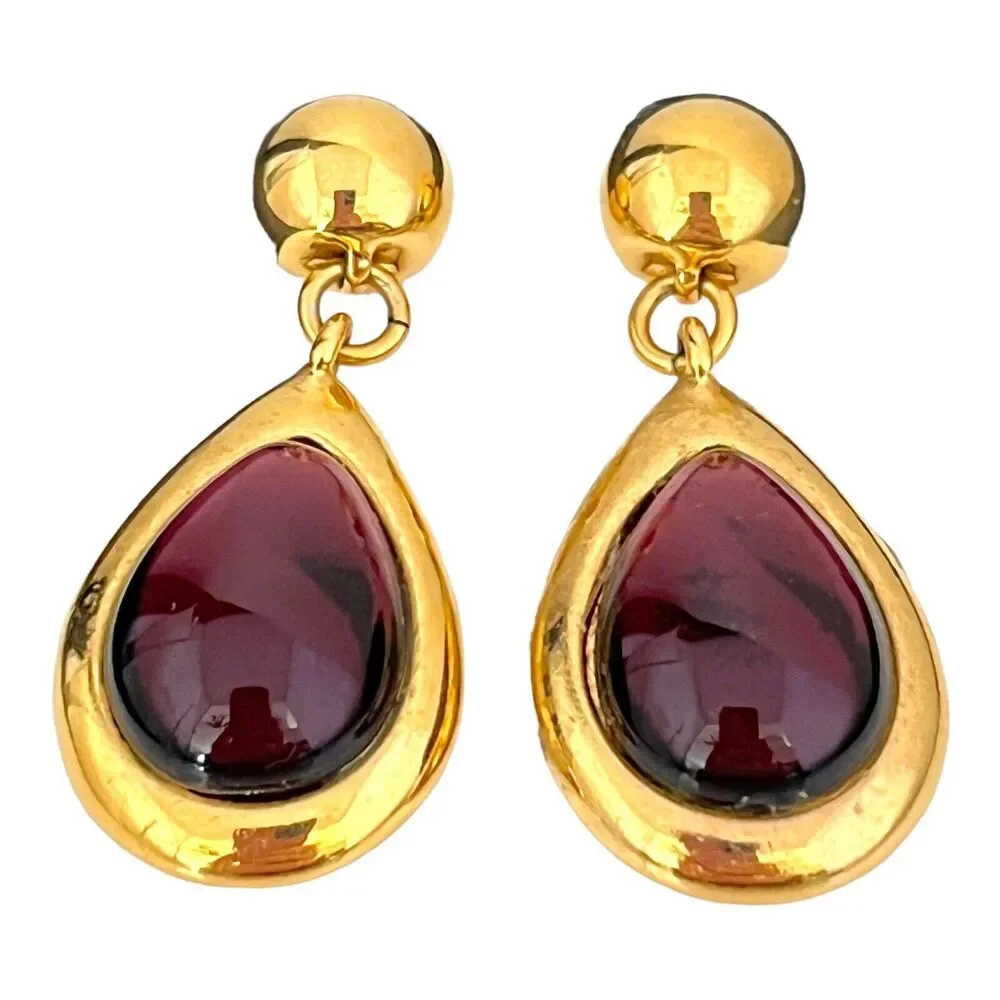 Vintage 1980s Napier Drop Earrings Gold Tone Gripoix Style Purple - 1E